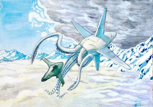 Completed Commission For @missionluna , Depicting Two Flying Animals High Over The Mountains Of Luna,