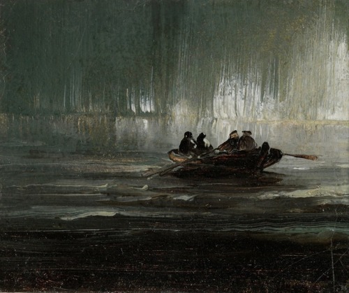 Peder Balke (Norwegian, 1804-1887, b. Helgøya, Hedmark, Norway) - Nordlys over fire menn i Robåt (No