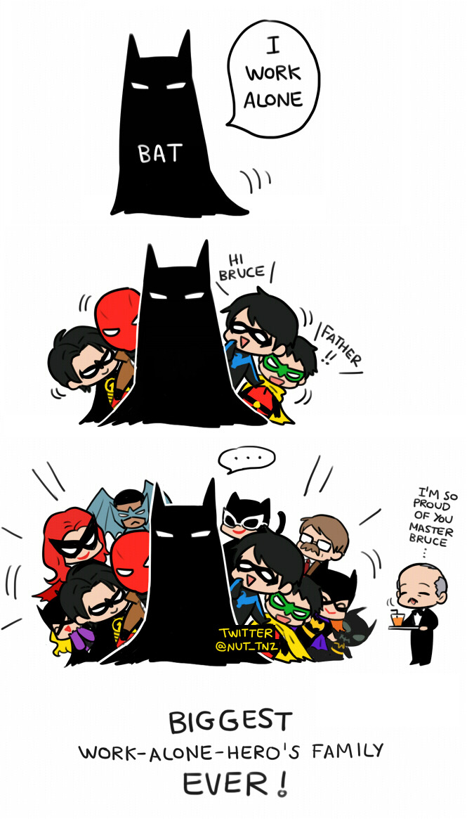 Uma história em quadrinhos de três painéis retratando Batman e sua equipe