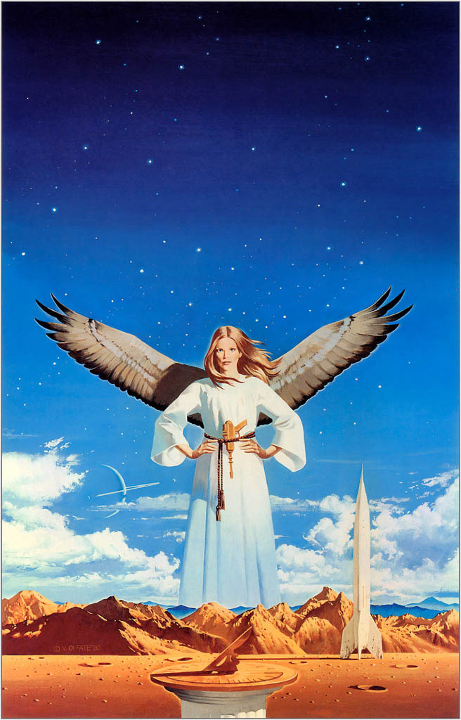 70sscifiart:  An angel with a ray gun, from Vincent Di Fate  