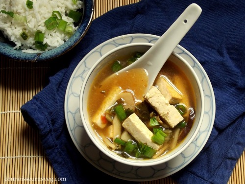 Vegan Hot & Sour Soup with Bok ChoyIngredients2 tbsp. vegetable oil1 lb. block of firm tofu, dra