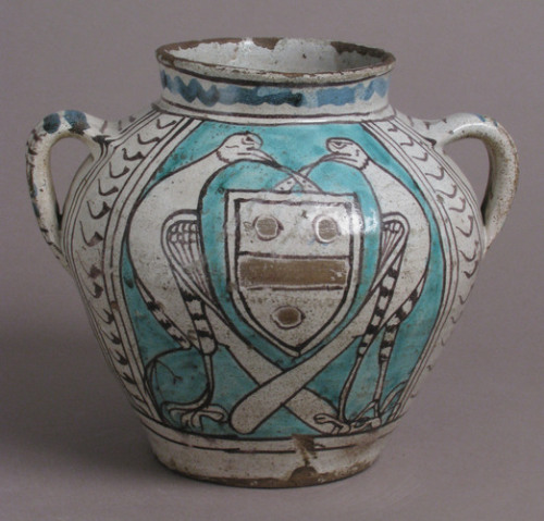 met-medieval-art:Two-Handled Jar with Birds and a Coat of Arms, Metropolitan Museum of Art: Medieval