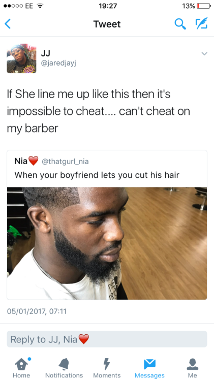 90sxarthoe:  jeankd:  wheresant: bornegreat:  chrissongzzz:  I agree 😂😂😂 you can’t cheat  Nigga I be damn 😂  I would wife my girl if she was a barber, no more 20$ haircuts…she line me up i dick her down…even steven…  Is it just me