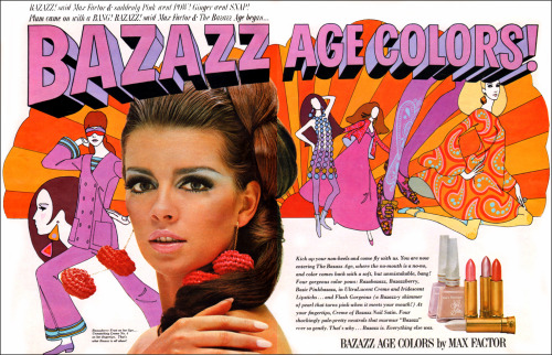 savetheflower-1967: “Max Faxtor” - “Bazazz Age Colors” lipstick ad, 1966.