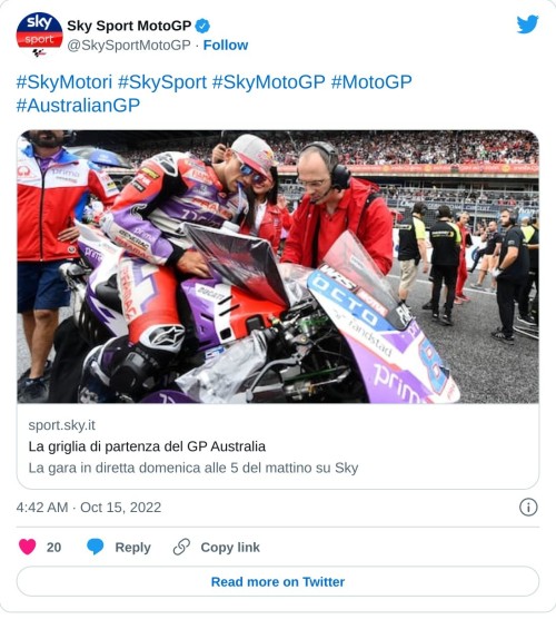 #SkyMotori #SkySport #SkyMotoGP #MotoGP #AustralianGPhttps://t.co/Yf2NGDtJ5q  — Sky Sport MotoGP (@SkySportMotoGP) October 15, 2022