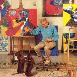 pressworksonpaperblog:  david hockney and his dachshunds, from “inside the l.a. artist”, 1989. 
