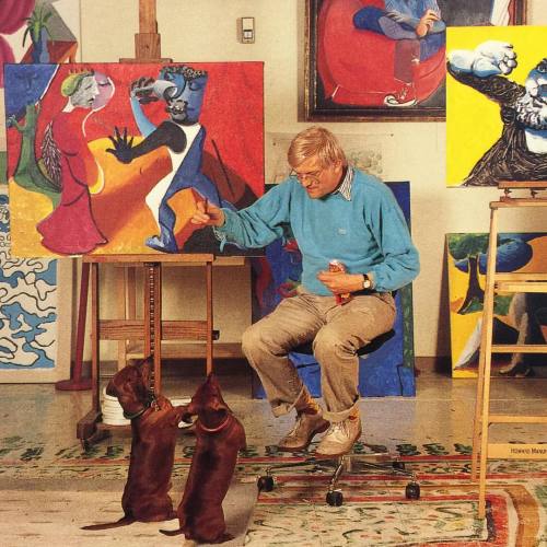 pressworksonpaperblog:  david hockney and his dachshunds, from “inside the l.a. artist”, 1989.