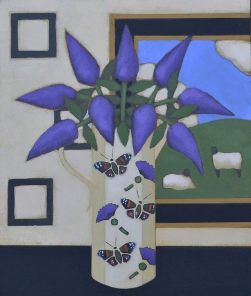 Fiona Millar - Butterfly Jug and Buddleia. Acrylic.