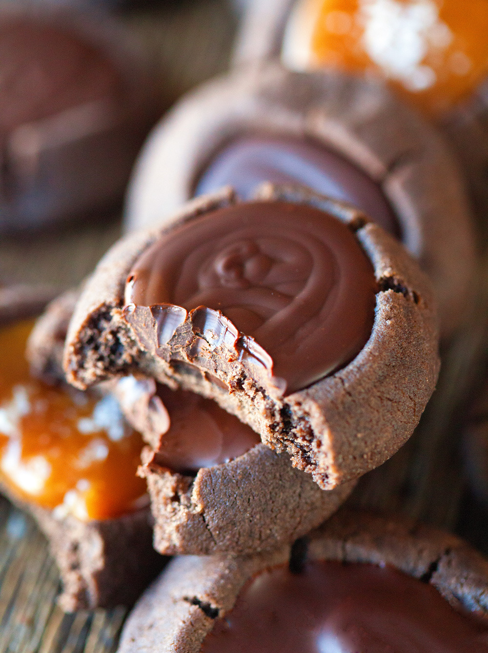 nom-food:  Salted caramel and chocolate thumbprint cookies