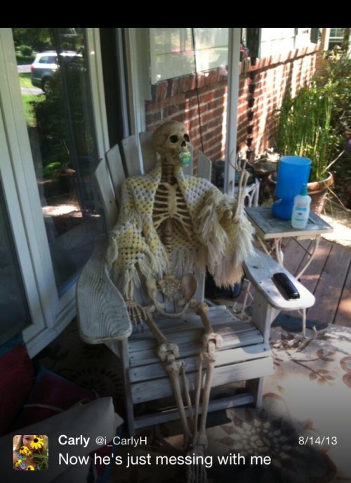 mostly-perfect:  So one time my dad bought a skeleton for Halloween, and one day he decided to place it in the kitchen to scare me and it went too far… 