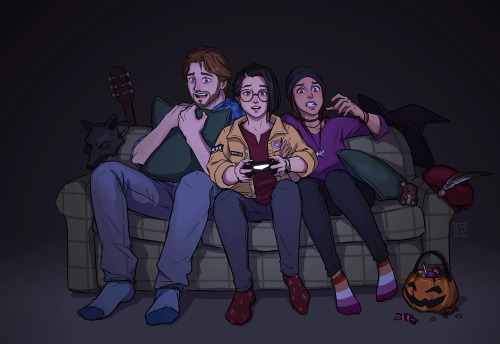 trixdraws: These three decided to play some horror games post Trick-or-Treating with Ethan. Poor Ale