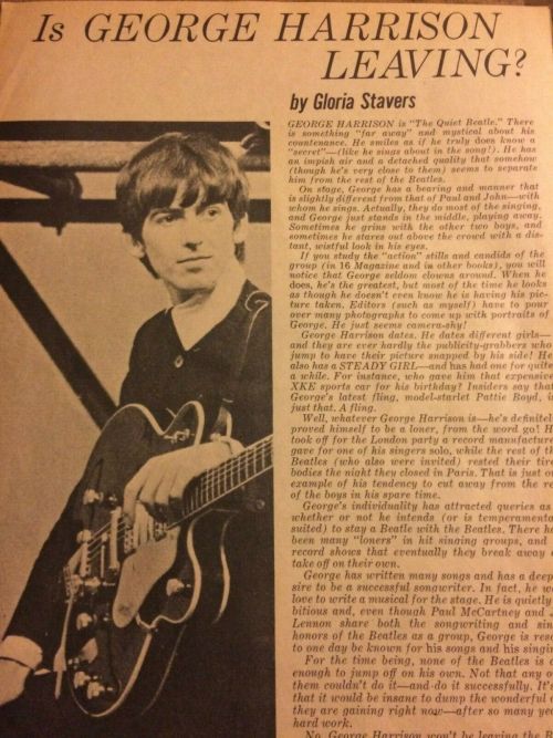 Article entitled “Is George Harrison Leaving?” by Gloria Stavers for 16 magazine. (1964)