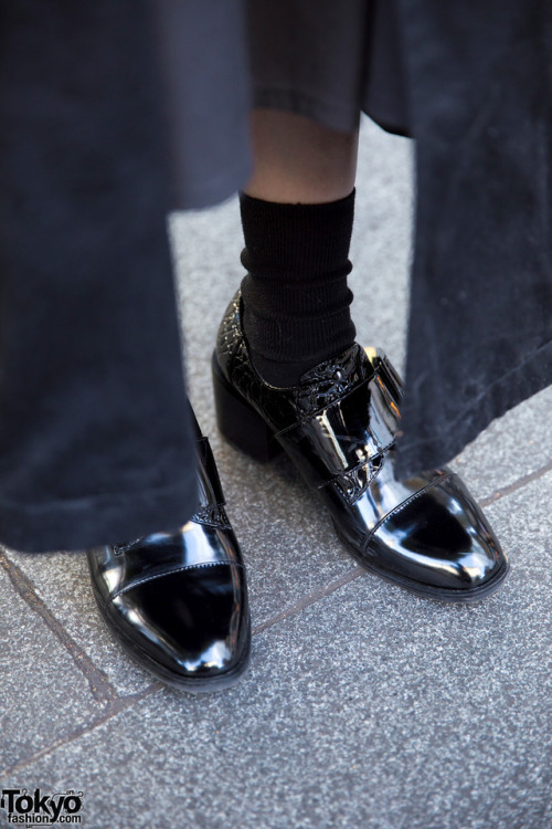 20-year-old Noe on the street in Harajuku wearing a dark winter look with a long coat by Perverze ov