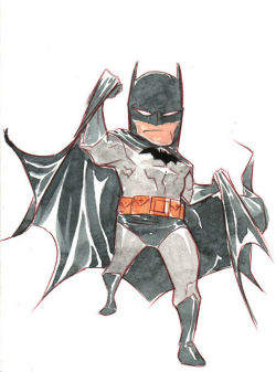 xombiedirge:  Lil Gotham: Bats &amp; Supes by Dustin Nguyen / Website / Tumblr 5” X 7” Original watercolor pitch paintings. 22hrs left on ebay HERE.