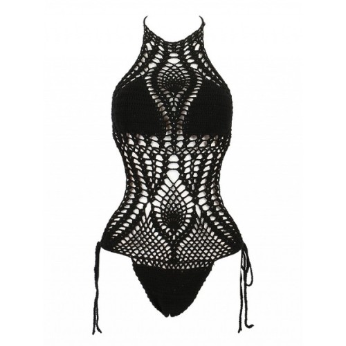 Choies Black Halter High Neck Side Tie Crochet Swimsuit ❤ liked on Polyvore (see more halter swimsui