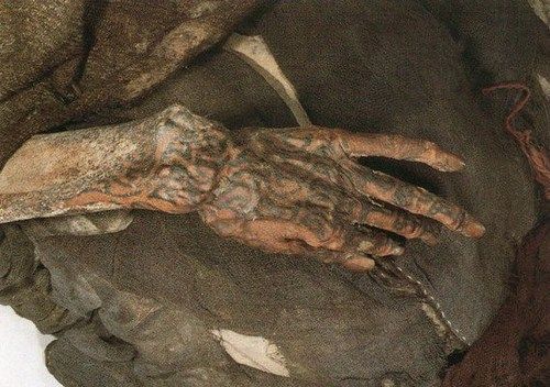 Tattoos still visible on the skin of a Tarim Basin mummy. The Tarim mummies are a