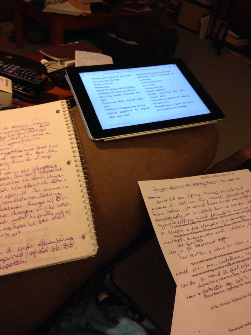 My editing set-up: the draft, my notes, and The Emotion Thesaurus on my iPad. I really need a little