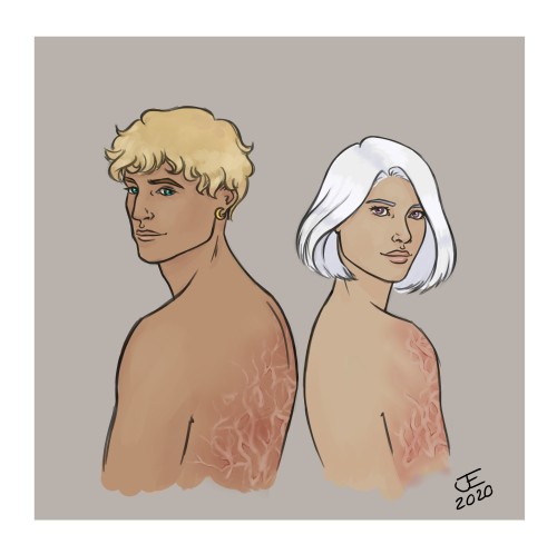 ji-elle: Old drawing of Alyn, Baela and their matching dragonfire scars. Yes, I’m a firm belie