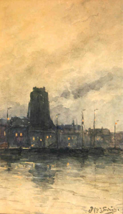 Quay in Dordrecht   -    Willem Johannes Schutz , 1897.Dutch, 1854-1933Watercolour on paper, 28 x 17