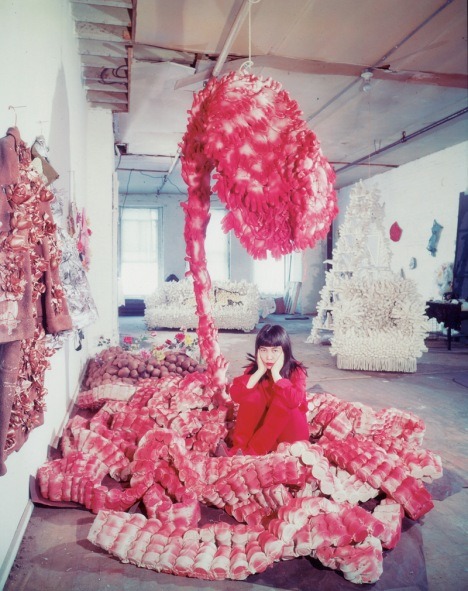 crocket:Yayoi Kusama lying on the base of My Flower Bed 1962 in New York, c.1965