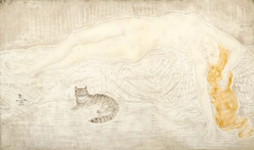 Léonard Tsuguharu Foujita  (1886-1968)Nu Au Chat, 1930ink and oil on canvas