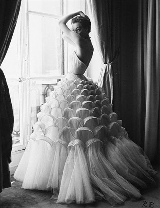 Fashion model Jean Patchett in Christian Dior evening dress. Photography by Regina Relang 1950.
