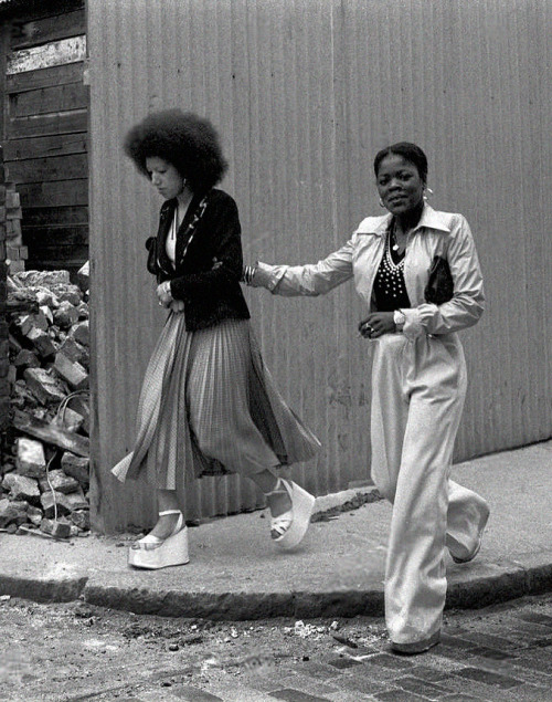 glamidols:Fashionable young black women wearing platform shoes – 1974Brick Lane, Whitechapel, London