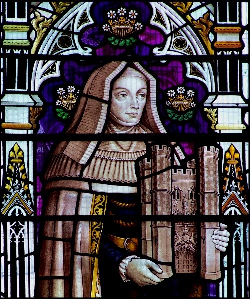 Lady Margaret Beaufort depicted in a stained glass window in St Botolph’s Church, Boston, Linc