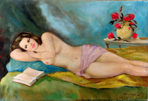 János Bódis (Hungarian)Lying Nude with Flowers and Book, 1950s