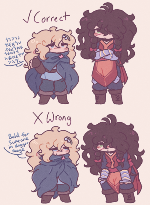 A 2 part redraw of the "how to talk to short people meme" with Icelyn and Larssen
Top image has both of them standing normally conversing, Icelyn speaking in wynnic (it actually just says "do you think garlic bread exists yet") captioned as correct
Bottom image has Larssen bending down slightly with hands on his knees to match height as you would to a child, with Icelyn remarking "Bold for someone in dagger range". This is captioned as wrong.