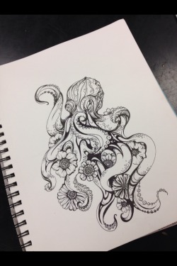 Pineconescribbles:  Floral Octopus Piece!! V Proud Of How This Turned Out. Ink On