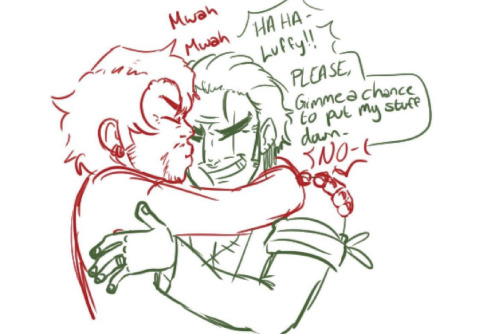 Zoro and Luffy from one piece, at 40 years old- zoro returns from a king mission that separated them, luffy is hugging zoro tightly, kissing his cheek while zoro laughs and smiles while saying "luffy! at least give me a chance to put my stuff down" while luffy protests with "NO-"