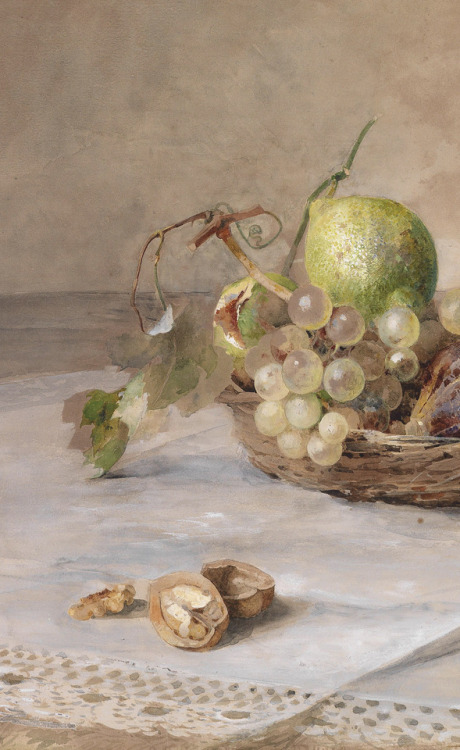 inividia:Still-life with Fruit and Bottle of Chianti (detail) by Marie Egner  (Austrian painter,1850