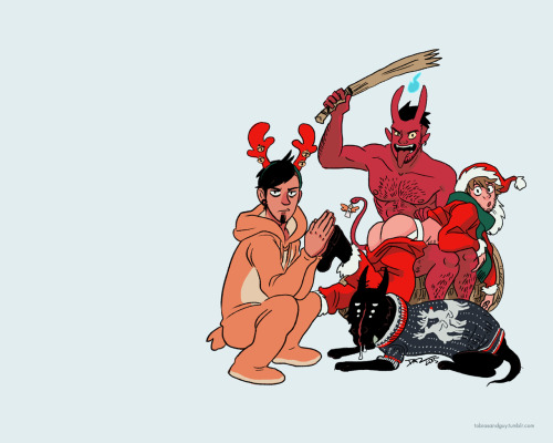 tohdaryl:  tobiasandguy:  Here’s a Christmas wallpaper for you. Happy Holidays!   Stay naughty. ;)
