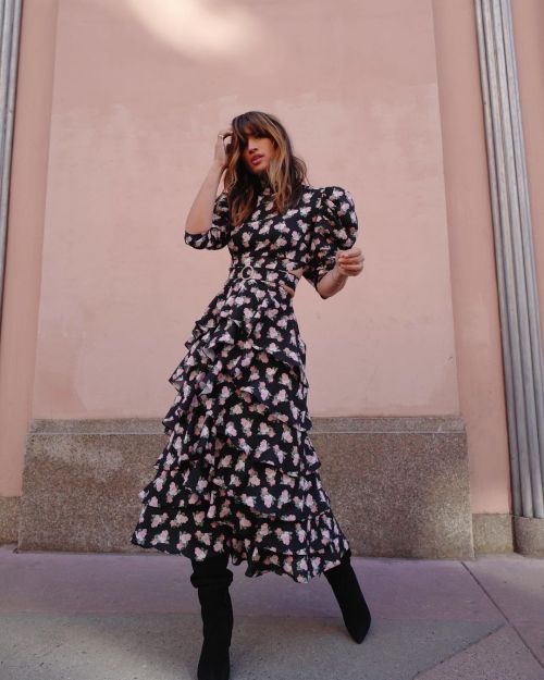 Rocky Barnes in a Mergim dress and Schutz boots