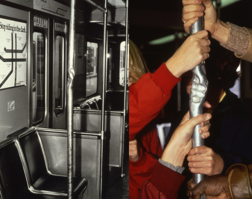 ortut:  Mags Harries - The Fossil, 1982The imprint of the artist’s hand was cast in stainless steel and blended into a standard subway pole that was installed in MBTA Redline subway car #1506. It rode with this car for 20 years to be encountered by