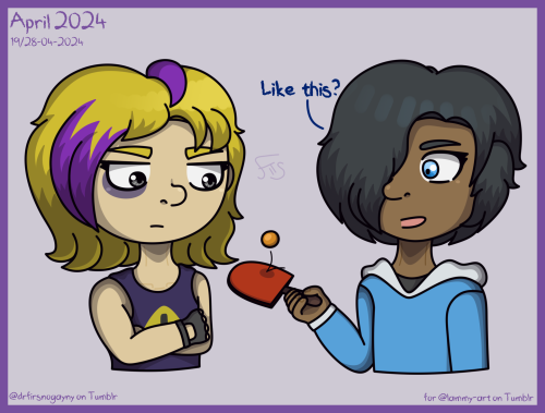 ID Start. On the left is a Matilda (OCs). She has shoulder-length yellow hair with purple curls on the right and ahoge, Her eyes are gray and there is a bruise under her right eye. She wears a dark purple tank top with a yellow safety badge on it, and wears fingerless black gloves. On the right, there is a girl with one visible eye, similar to the previous arts. She holds a red ping-pong racket and hits the orange ball with the words "Like this?" ID End.