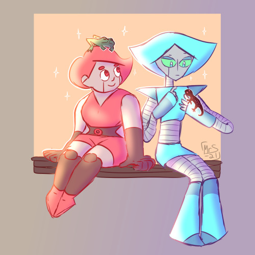 first drawing of the year! devi and proto my robot ocs, devi likes frogs and proto has a soft spot f