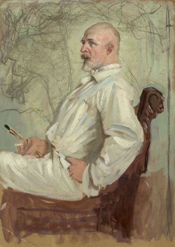 amare-habeo:  Osmar Schindler (German, 1867 – 1927)   Portrait study of Hermann Prell in his studio  (Porträtstudie Hermann Prell in seinem Atelier), 1912 Oil on brown cardboard, 50.1 x 35.6 cm.  