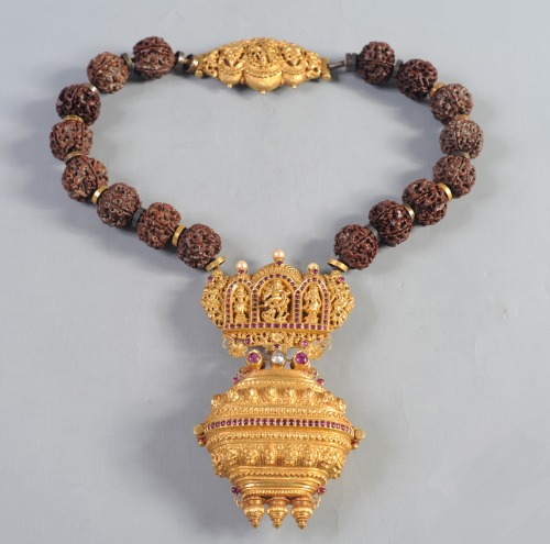 Rudraksha necklace with Nataraja pendant and lingam container, Tamil Nadu