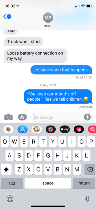 Roommates youngest bites one of the other children, his baby momma comes out and scolds the child saying “ we keep our mouths off of people” so I send him a text as she’s scolding said child . I hear from his room a explosion of laughter and “