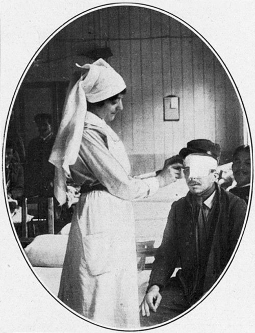 Canadian nurse and an injured French soldier, Les Modes 1917 (N174). Canadian official photographs.