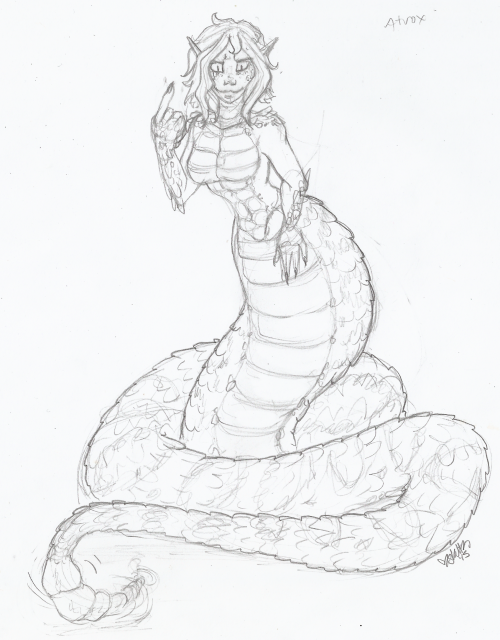 Day 04: Naga from THIS 30 day monster girl challengeDrew a naga based off rattlesnakes. Was starting to feel better. This is the last installment to the monster girl challenge for me though :( I hurt my neck again, and its going to be what ends my streak.