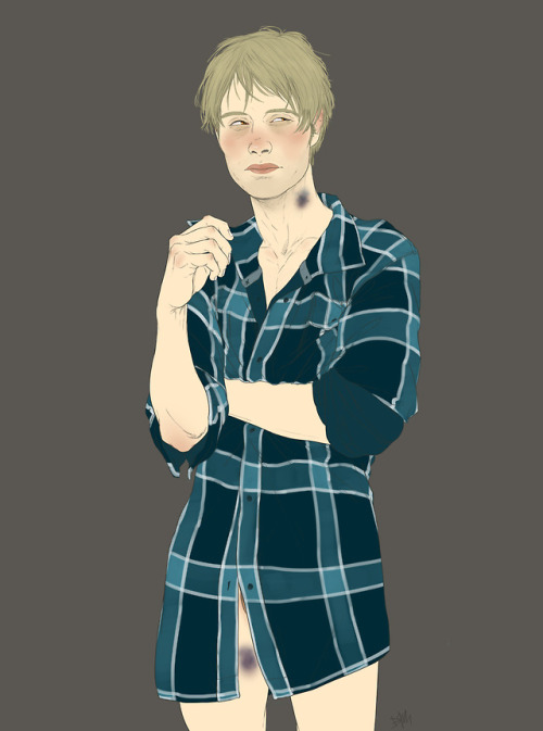 thewanderingstag: I hate doing flannel, it’s always such a task-and-a-half, but I really, really wanted to draw lil’ baby Hannibal all sleepy and dressed in one of his older lover Will’s shirts. 