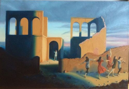 takemetoyourtoaster:Dancers Among the Ruins. Oil on canvas by Owen Claxton www.instagram.com