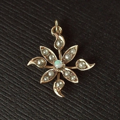 10K Rose Gold Antique Victorian Seed PEARL Pendant Fire OPAL Flower Leaf Genuine Gemstone Pearls c.1