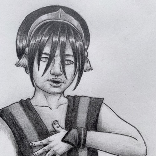 undercovermartina:[ID: Three photos of a realistic grayscale drawing of Toph from Avatar: The Last A