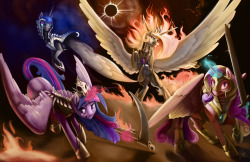 mlpfim-fanart:  silfoearts:    When one gets corrupted, it’s a Nightmare. When all four of them go, it’s the beginning of the Apocalypse. Based more on the Biblical verses than common interpretations, Celestia is the white horse of Conquest, Luna