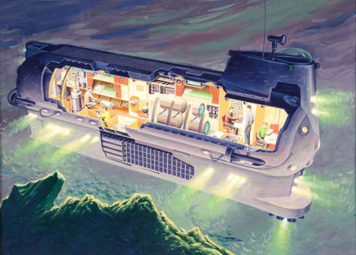 Cutaway of a submarine, by illustrator Ray Pioch. 1950s.