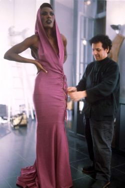 midnight-charm:Grace Jones &amp;  Azzedine Alaïa at a fitting, 1985